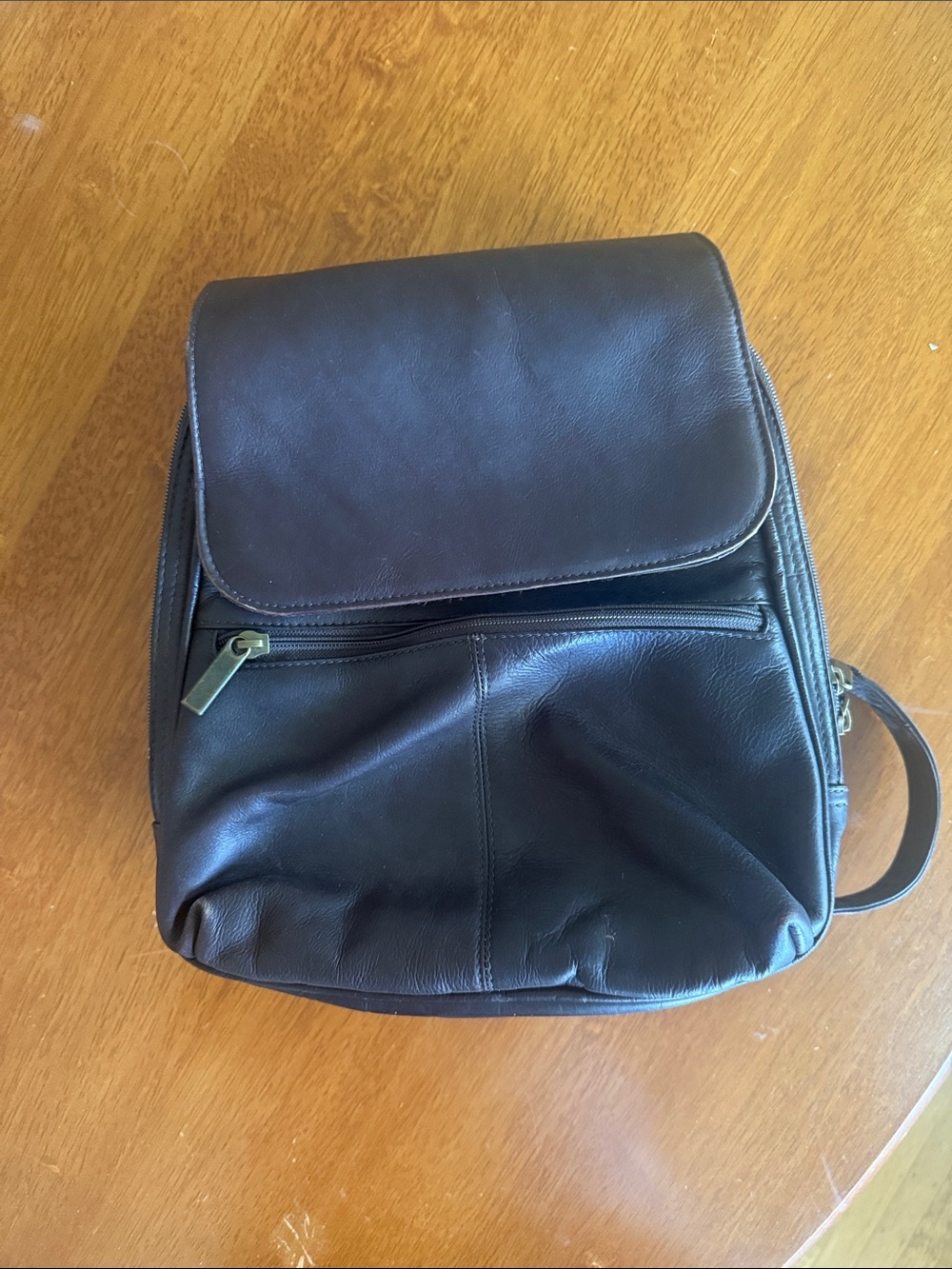 Dark Brown Genuine Leather Zip-Front Backpack